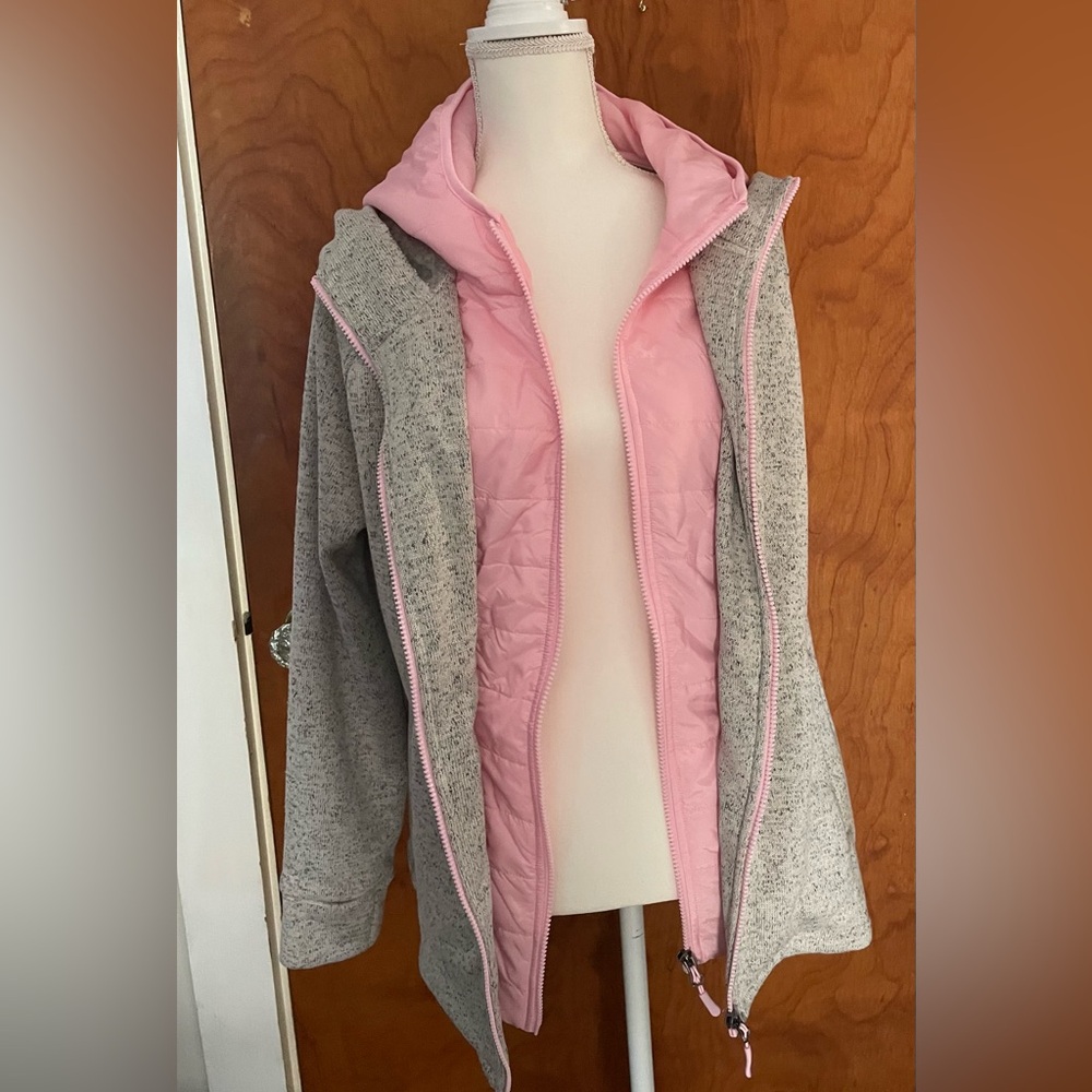 Womens Xersion Gray And Pink Fleece Jacket With Double full-zip And Double Hood